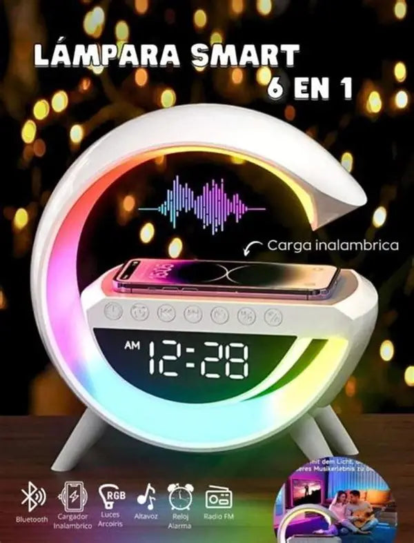 Altavoz Bluetooth G - Cargador inalámbrico + Lámpara LED + Reloj despertador