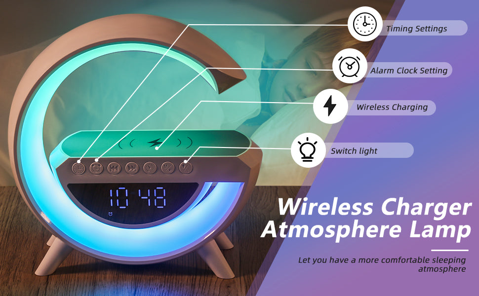 Altavoz Bluetooth G - Cargador inalámbrico + Lámpara LED + Reloj despertador